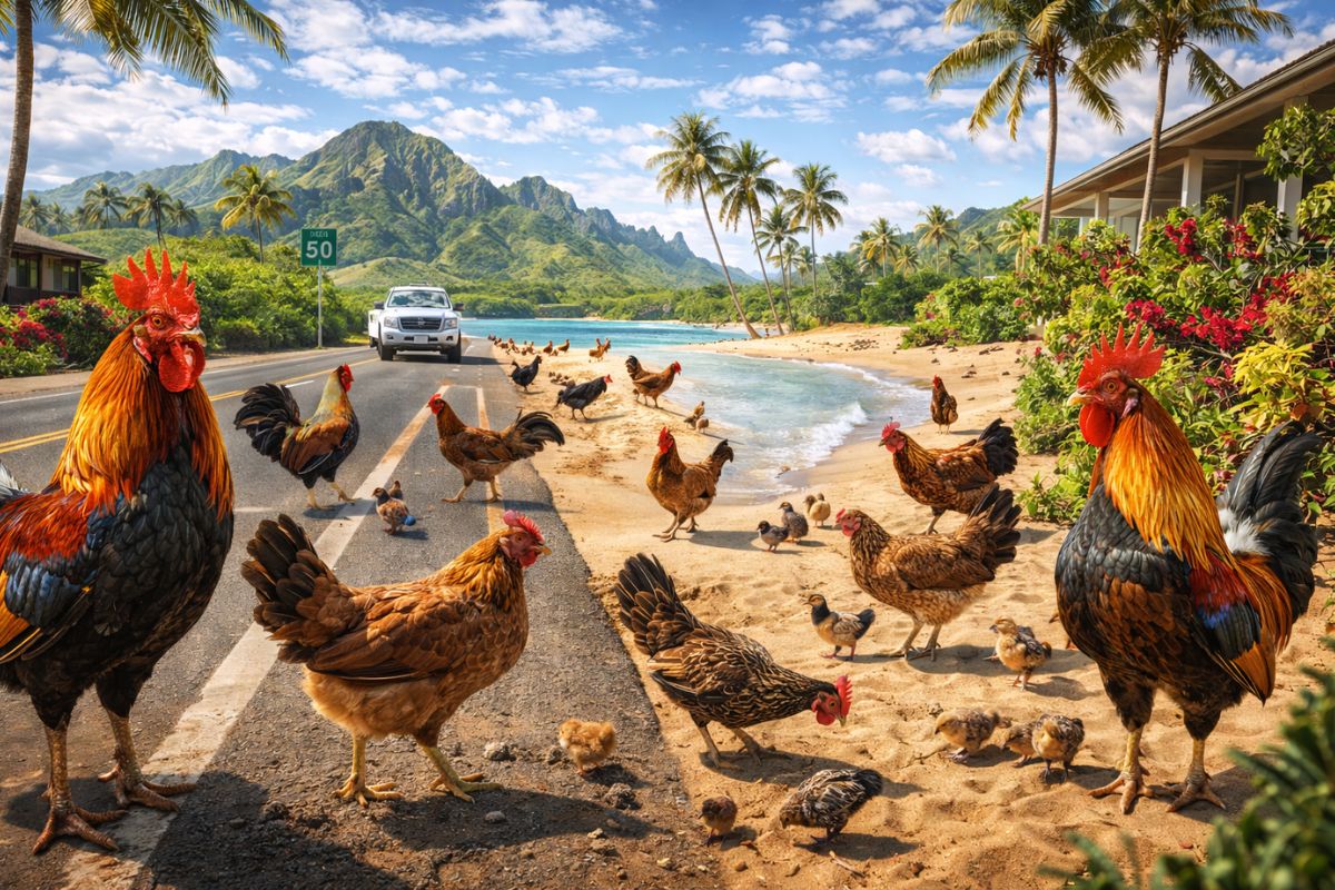 Kauai virou “ilha das galinhas”: tempestades destruíram galinheiros nos anos 80 e 90, aves domésticas se misturaram ao Red Junglefowl e hoje dezenas de milhares dominam