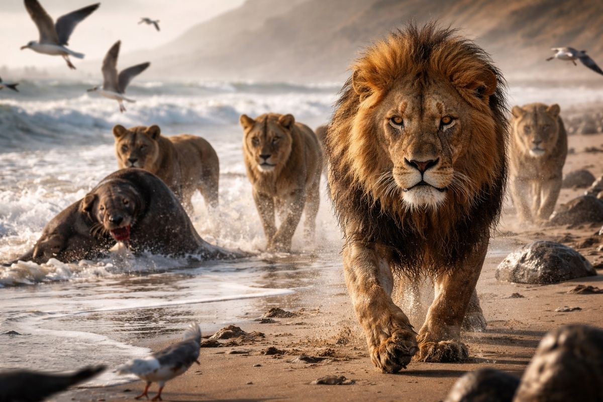 Leões da Namíbia saem do deserto da Namíbia, exploram a Costa dos Esqueletos e caçam aves marinhas e lobos marinhos na praia.