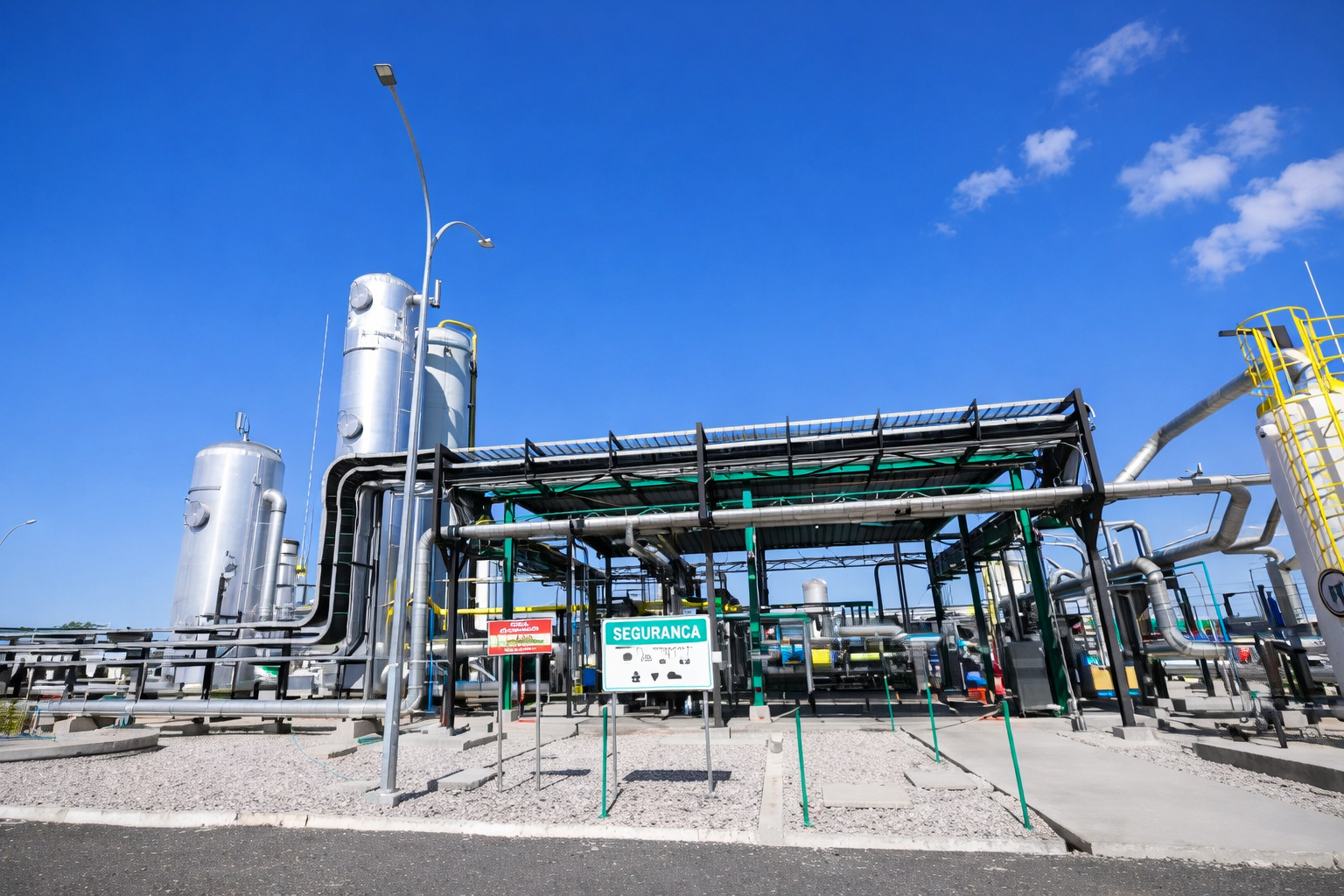 Instalação industrial com tanques metálicos, tubulações e estrutura de processamento sob céu azul com poucas nuvens.