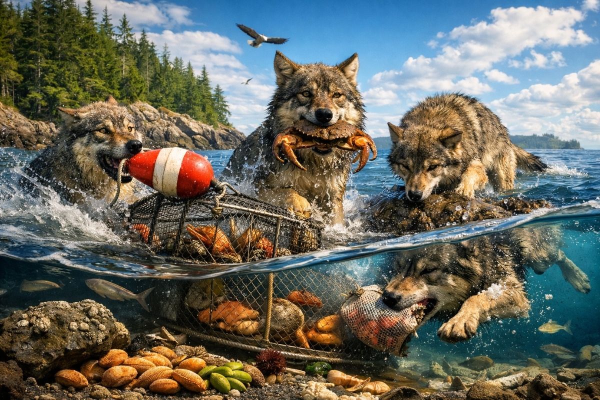 Lobos costeiros do Canadá saíram da floresta, aprenderam a nadar até armadilhas de caranguejo, puxar boias com precisão, roubar iscas no fundo do mar e revelar uma inteligência (1)