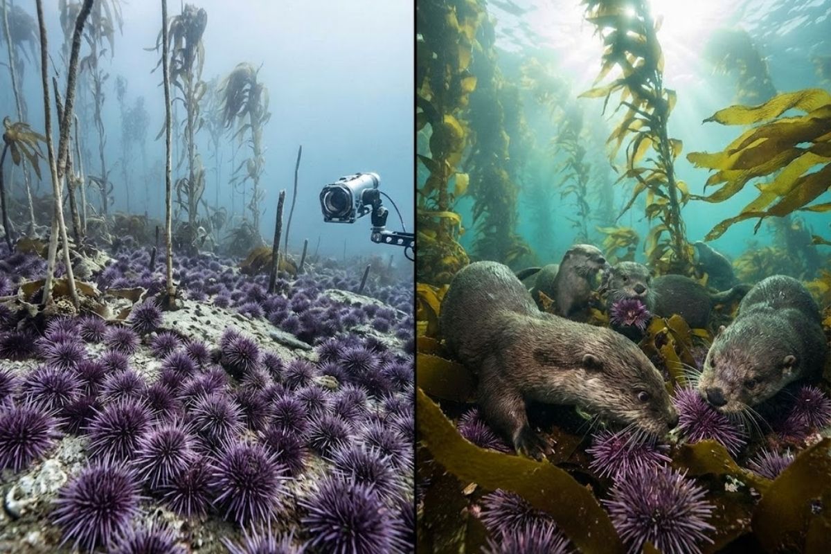 Lontras-marinhas voltam às florestas de algas para controlar ouriços-do-mar, restaurar o ecossistema costeiro e impulsionar a recuperação marinha.