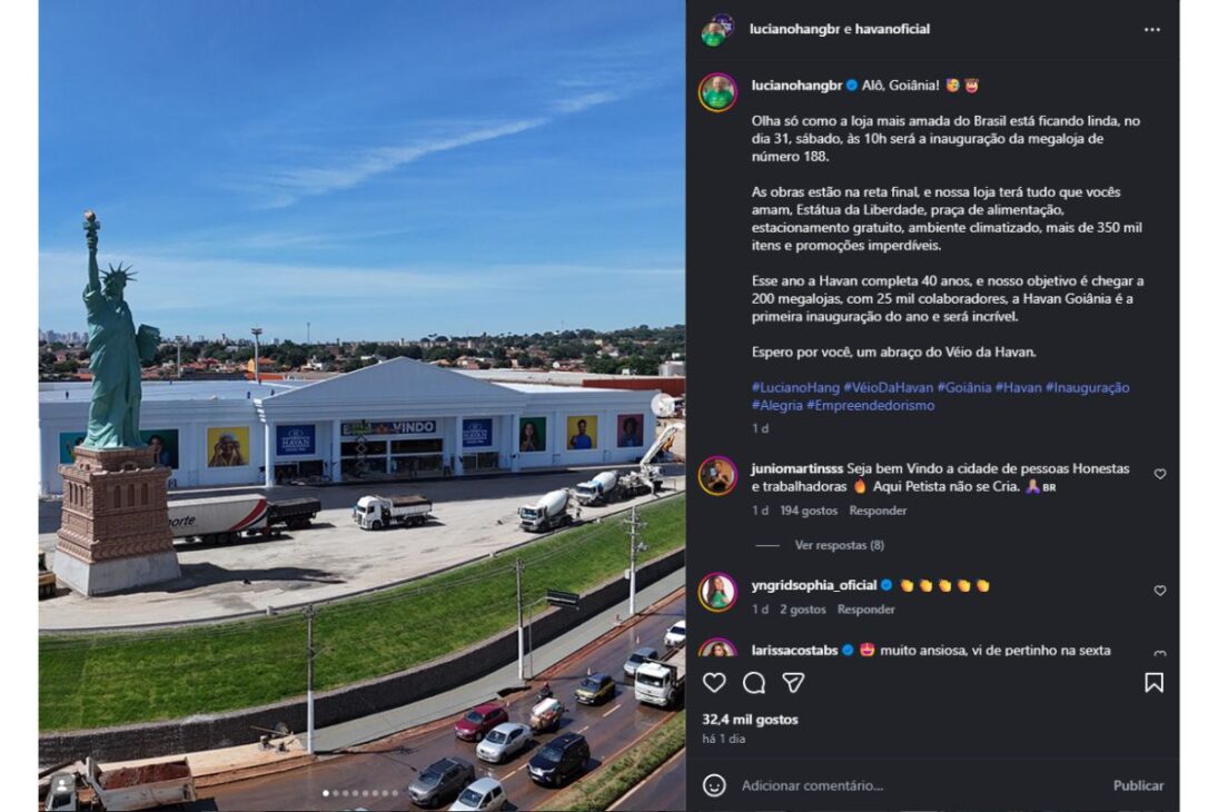 Havan inaugura megaloja en Goiânia; Luciano Hang muestra obra casi lista con Estatua de la Libertad, estructura colosal y promesa de impacto en el comercio goiano.