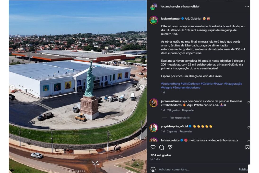 Havan inaugura megaloja en Goiânia; Luciano Hang muestra obra casi lista con Estatua de la Libertad, estructura colosal y promesa de impacto en el comercio goiano.