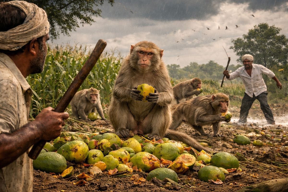 Macacos atacam fazendas da Índia e agricultores usam rugidos de leões e sensores solares para tentar salvar colheitas da invasão diária