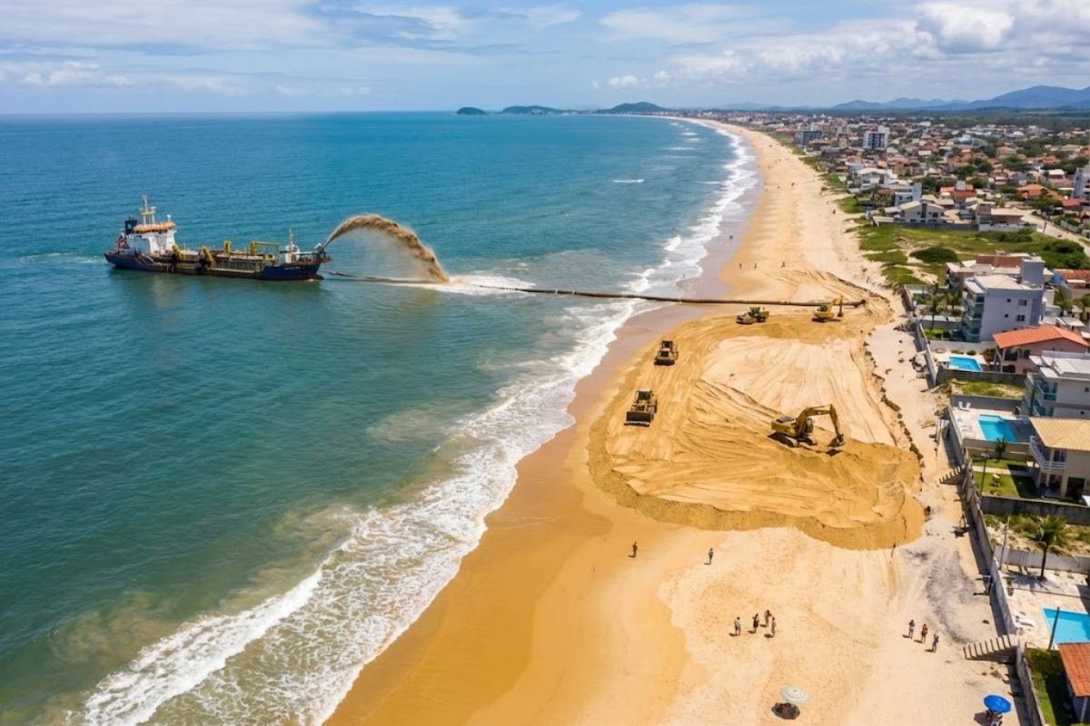 Maior alargamento de praia do Brasil em Itapoá: erosão na orla, draga em operação na Baía da Babitonga e os principais números da obra com 58,5% e 5 km já ampliados.