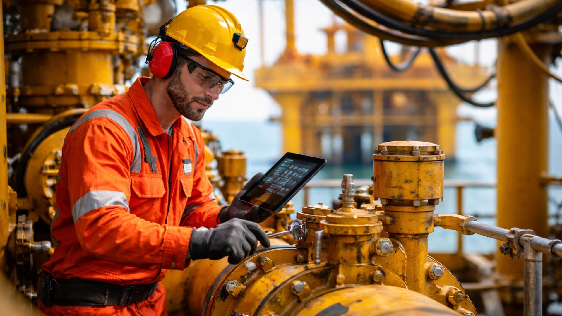 Mecânico offshore realiza manutenção em válvula industrial com apoio de tablet em plataforma de petróleo no mar.