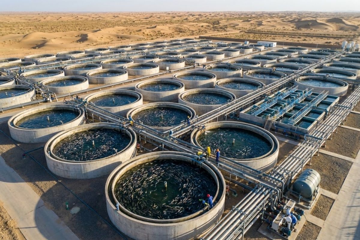 tanques de aquicultura em Xinjiang no deserto de Taklamakan usam água reciclada e entregam sobrevivência de 99% com produção recorde.