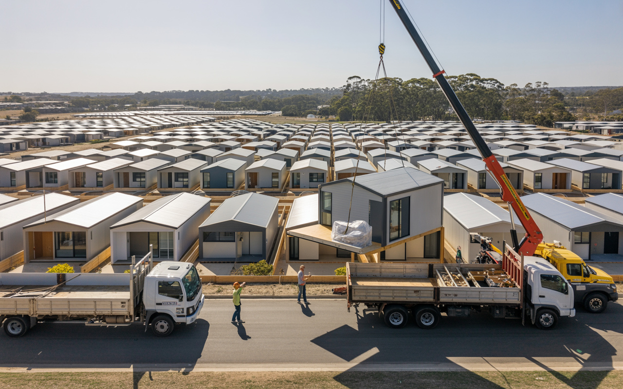 Austrália monta bairros inteiros com casas modulares entregues por caminhões, instaladas em 48 horas e padronizadas em fábrica para reduzir custo, acelerar obras e enfrentar a crise habitacional – Modular Housing Programs