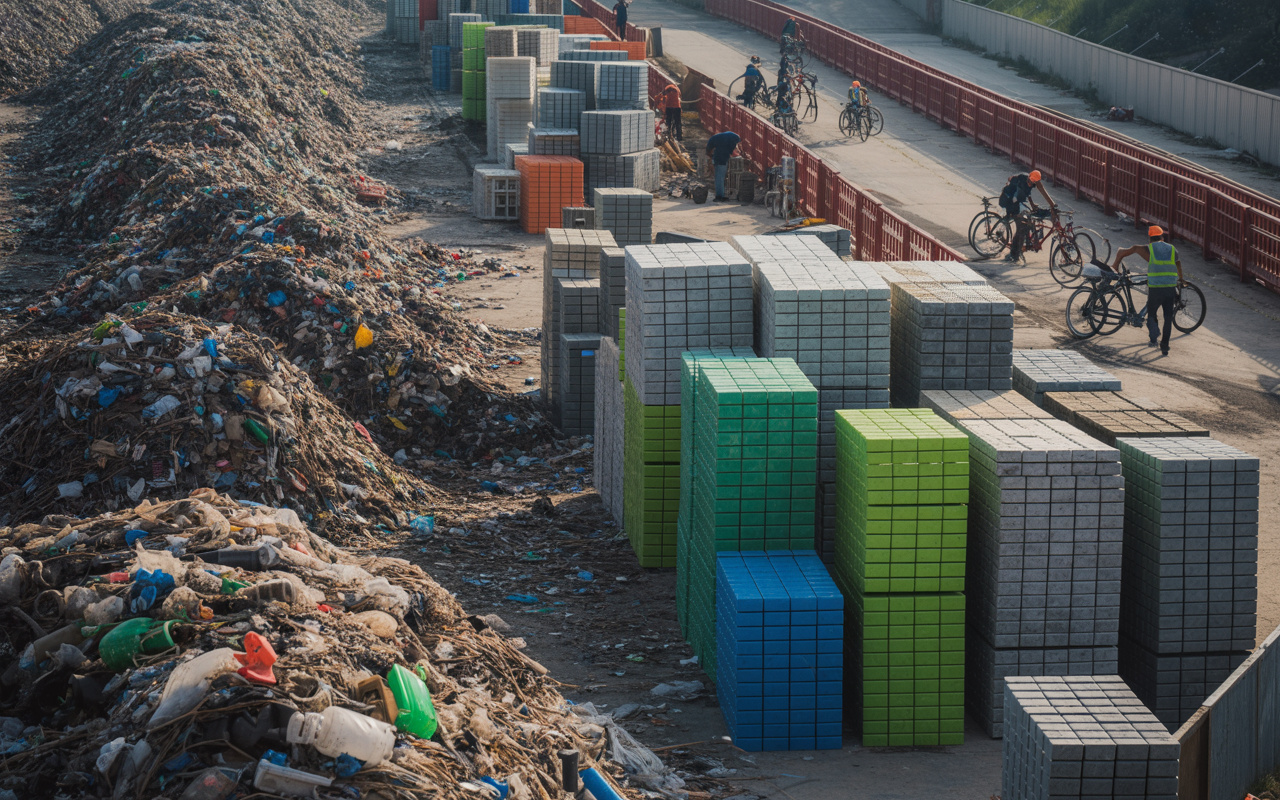 Montanhas de plástico sujo, antes sem valor e empilhadas em aterros, estão virando tijolos estruturais e placas modulares; e o lixo que sufocava cidades agora começa a levantar paredes, muros e ciclovias inteiras
