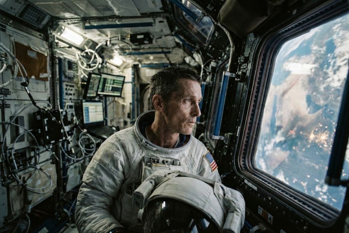 O astronauta da NASA Ron Garan relata overview effect: ao ver a Terra sem fronteiras, descreve a atmosfera fina e liga a paz à interdependência global.