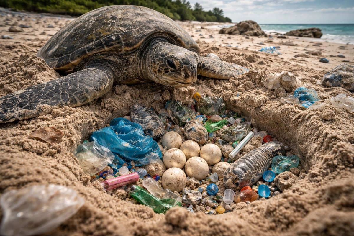 Na Ilha da Trindade, ninhos de tartaruga-verde soterram rochas plásticas, revelando poluição marinha que ameaça ovos, filhotes e o futuro da espécie.