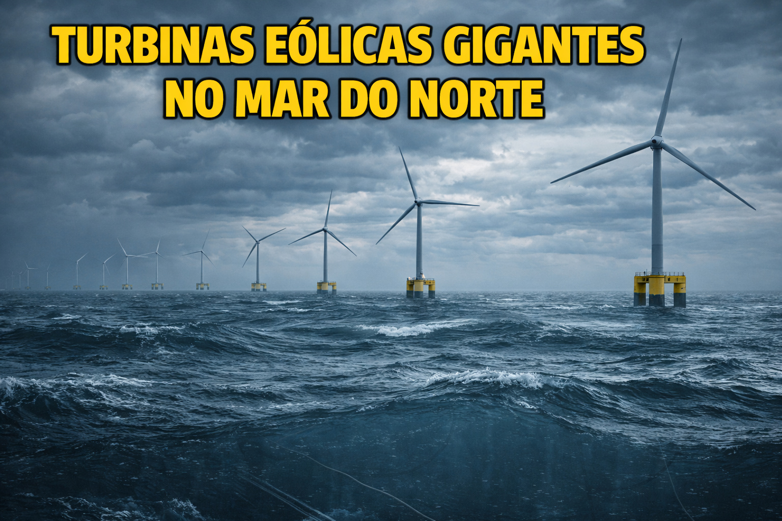 Noruega instala turbinas eólicas flutuantes com torres de mais de 100 metros, bases de 5.000 toneladas e cabos submarinos que percorrem o Mar do Norte conectando energia oceânica às cidades — Hywind Tampen