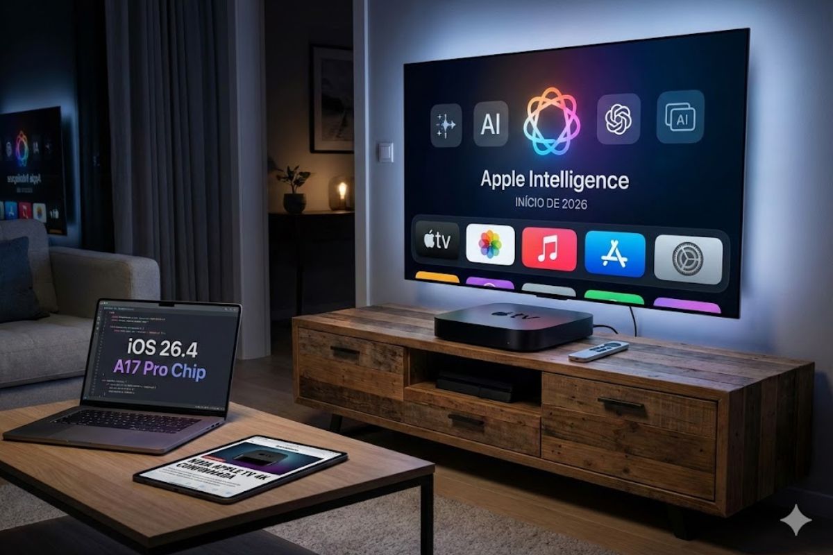 Nova Apple TV 4K trará Apple Intelligence, chip A17 Pro, nova Siri e Continuity Keyboard em 2026, marcando salto no lar inteligente da Apple.