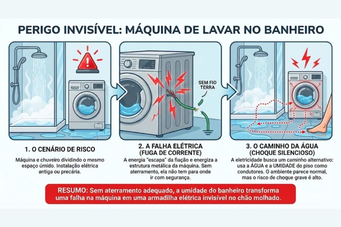 En casas brasileñas, encender la lavadora e ir a la ducha puede elevar el riesgo de descarga y incendio doméstico, especialmente con cableado antiguo, fuga de corriente y falta de puesta a tierra, exigiendo atención para evitar accidentes.