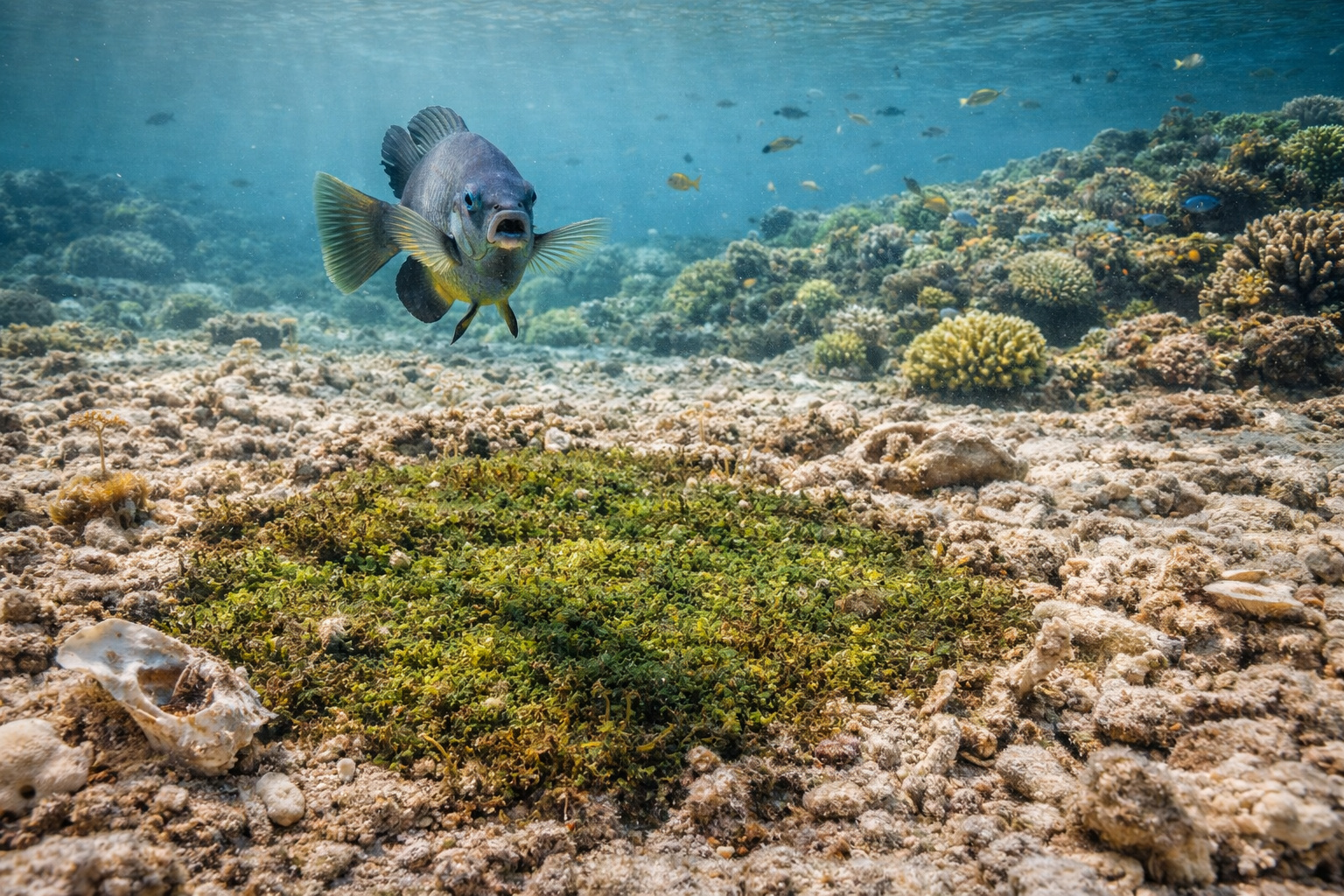 O peixinho que cria jardins subaquáticos, mata corais e redesenha recifes inteiros: o comportamento territorial dos Stegastes e o impacto oculto no ecossistema marinho