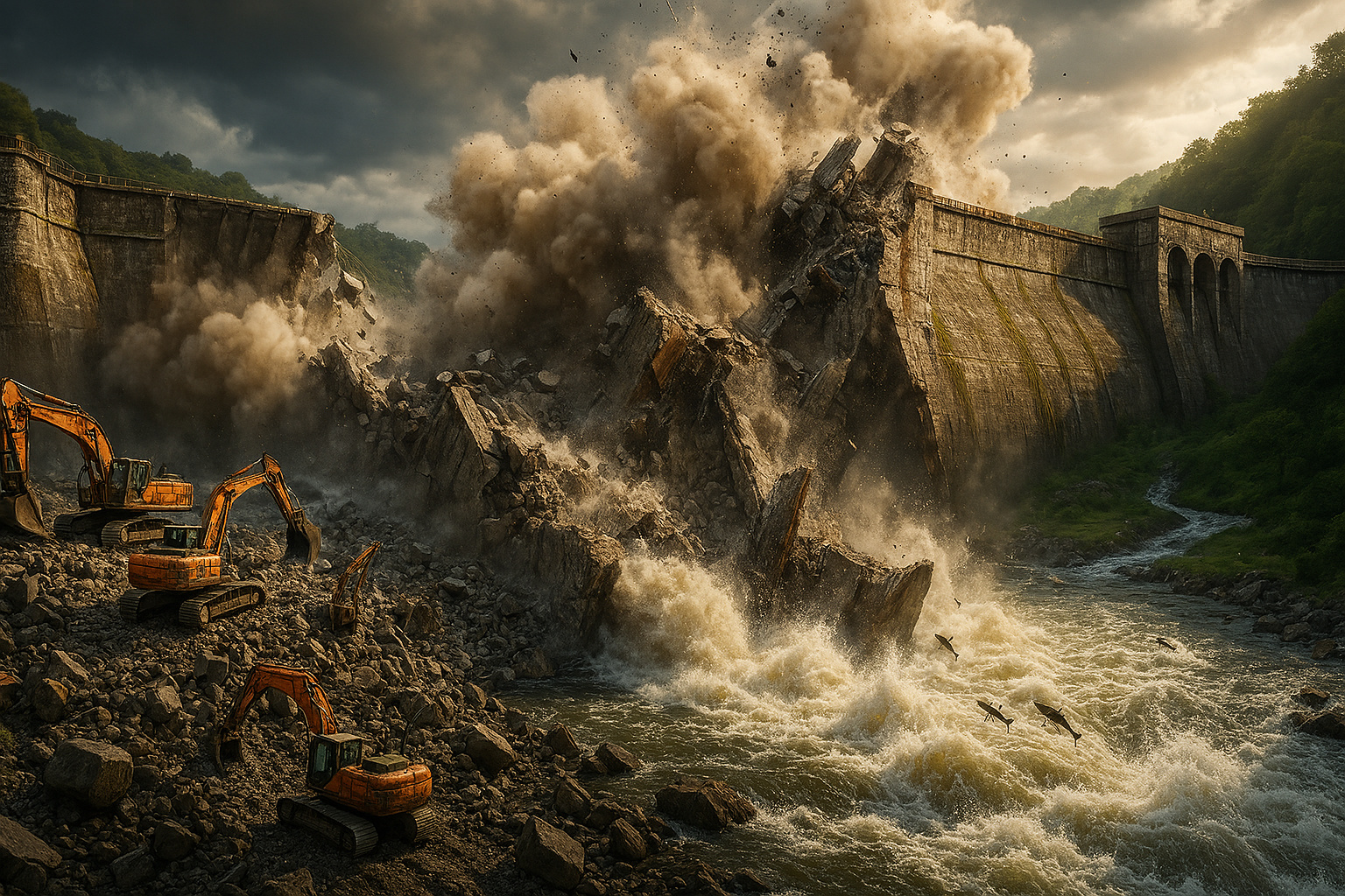 Explosivos e escavadeiras derrubam barragens centenárias, libertam rios bloqueados há mais de 100 anos e permitem o retorno de peixes migratórios em um dos maiores projetos de demolição ambiental já realizados na França
