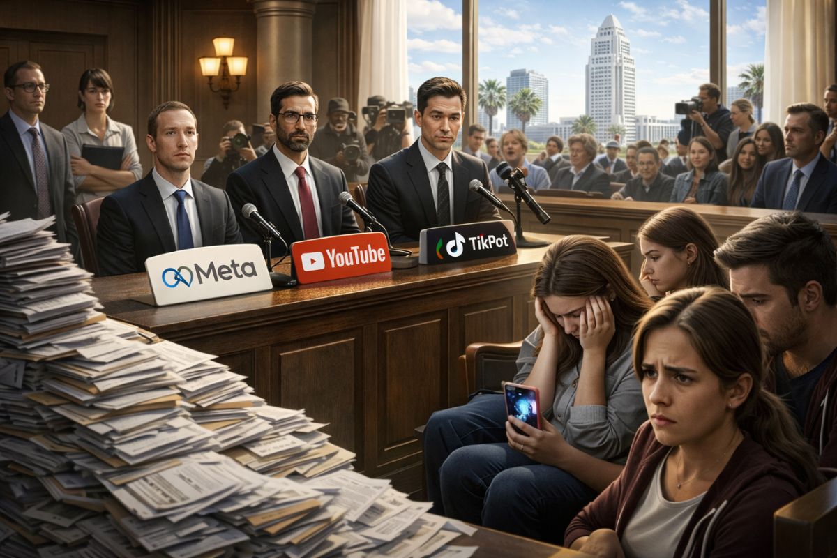 Pais, jovens e escolas levam Meta, YouTube e TikTok a julgamento histórico em Los Angeles, acusando redes de vício; CEOs podem depor e documentos expor danos à saúde