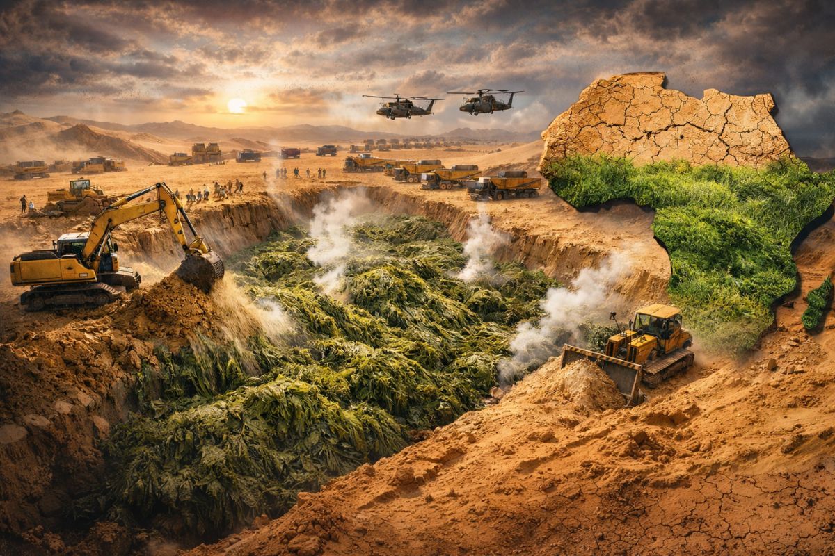 País riquíssimo em urânio e diamantes enfrenta fome extrema, mas descobre no fundo do oceano uma alga gigante capaz de travar o deserto, recuperar o solo e salvar