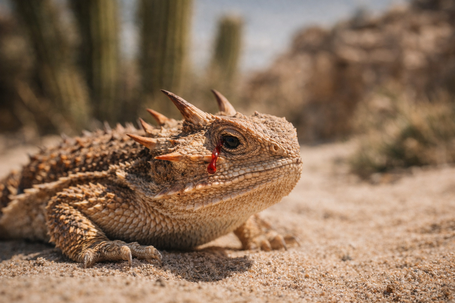 Phrynosoma solare, o lagarto-chifrudo que sangra pelos olhos: defesa biológica extrema com ejeção de sangue, substâncias irritantes e adaptação única aos desertos da América do Norte