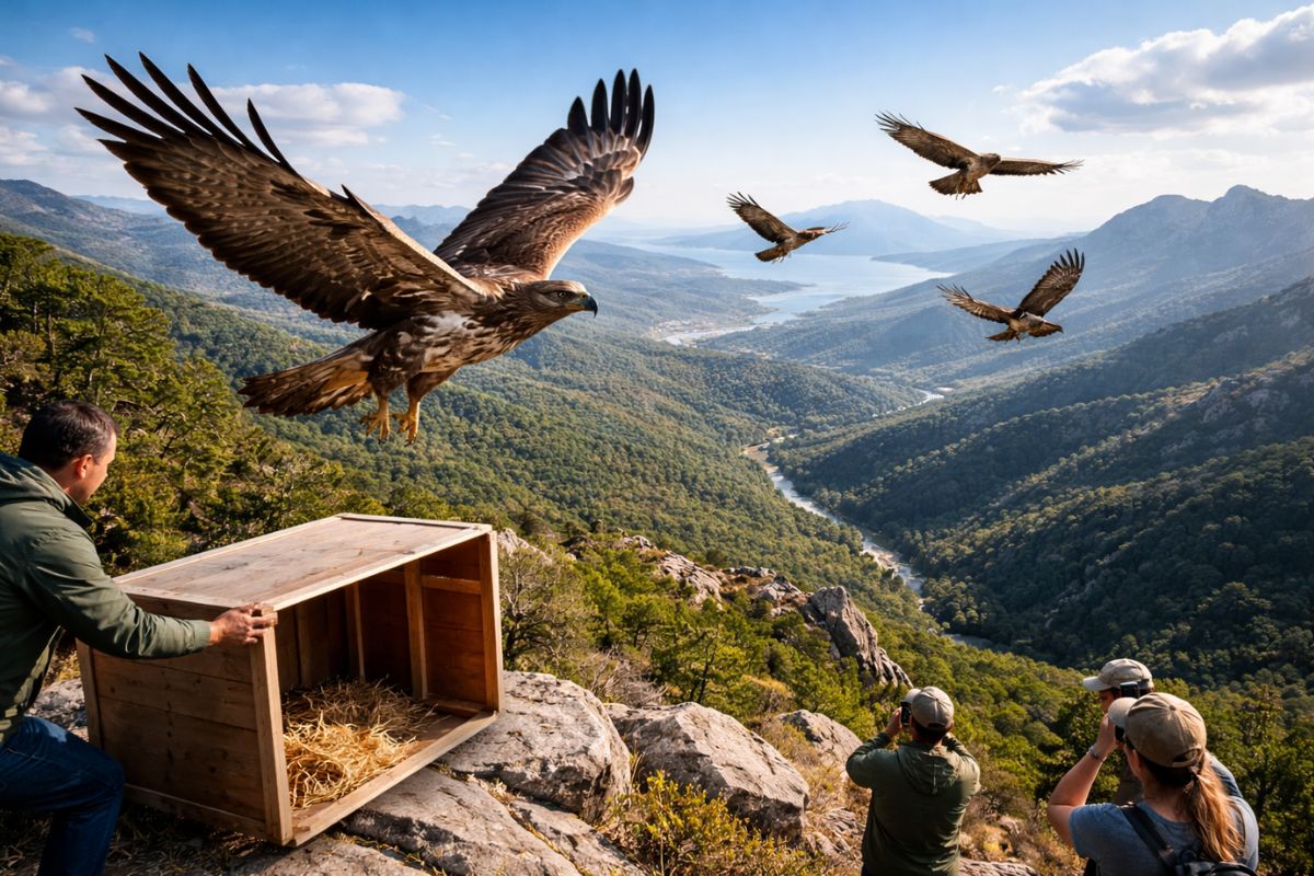 águia considerada extinta volta à Sardenha com a reintrodução da águia-de-Bonelli, recupera a cadeia alimentar e reforça a conservação na Europa.