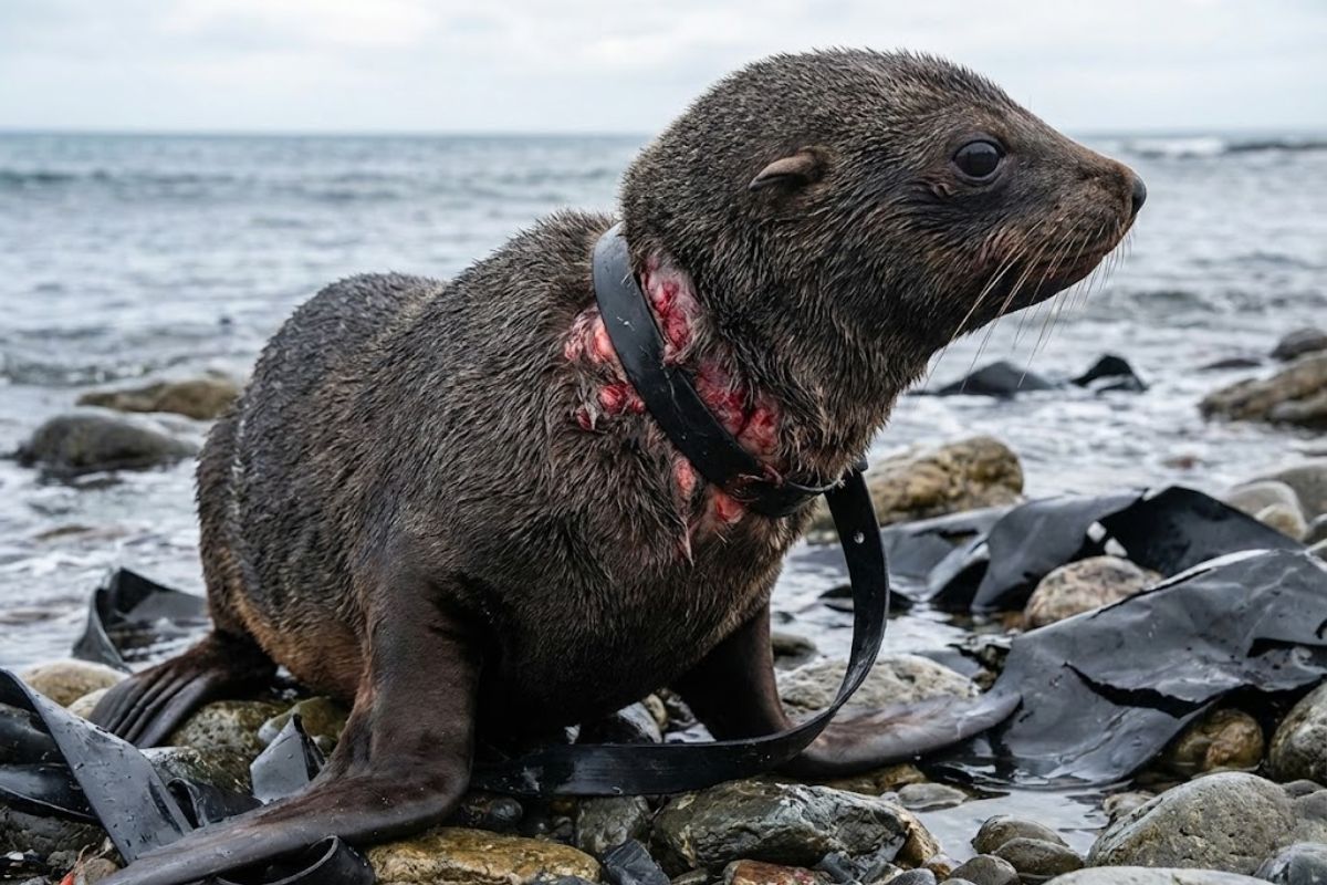 Plástico causa poluição oceânica e vira lixo marinho que mutila animais marinhos, enquanto resgate de animais tenta salvar vítimas invisíveis no oceano