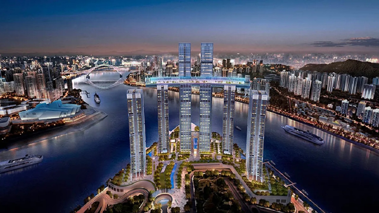 Raffles City Chongqing uma megaconstrução onde volumes equivalentes a quarteirões inteiros são suspensos e conectados no ar