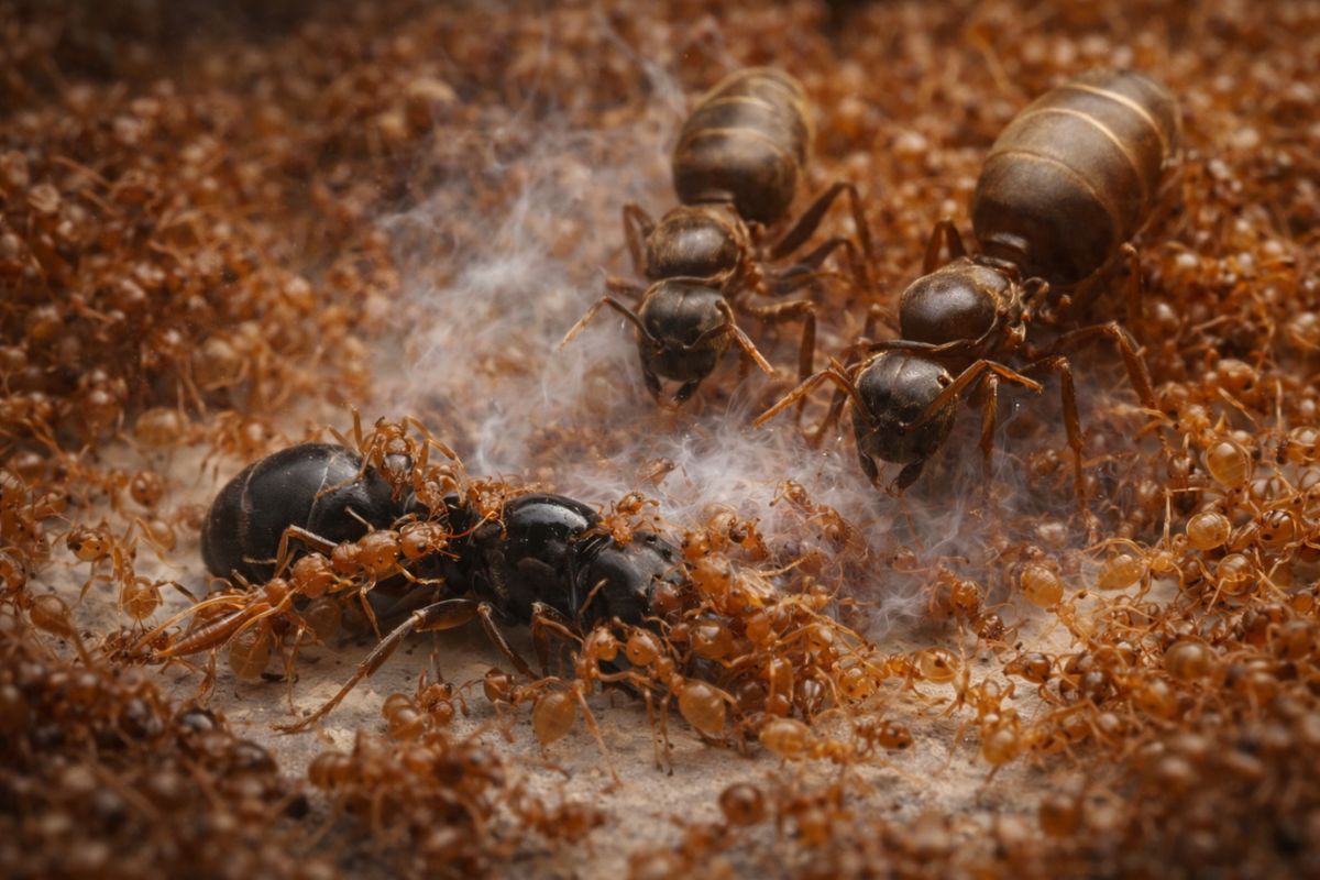 formigueiro revela manipulação química com ácido fórmico, rainha parasita provoca matricídio e assume colônia, mostra estudo científico