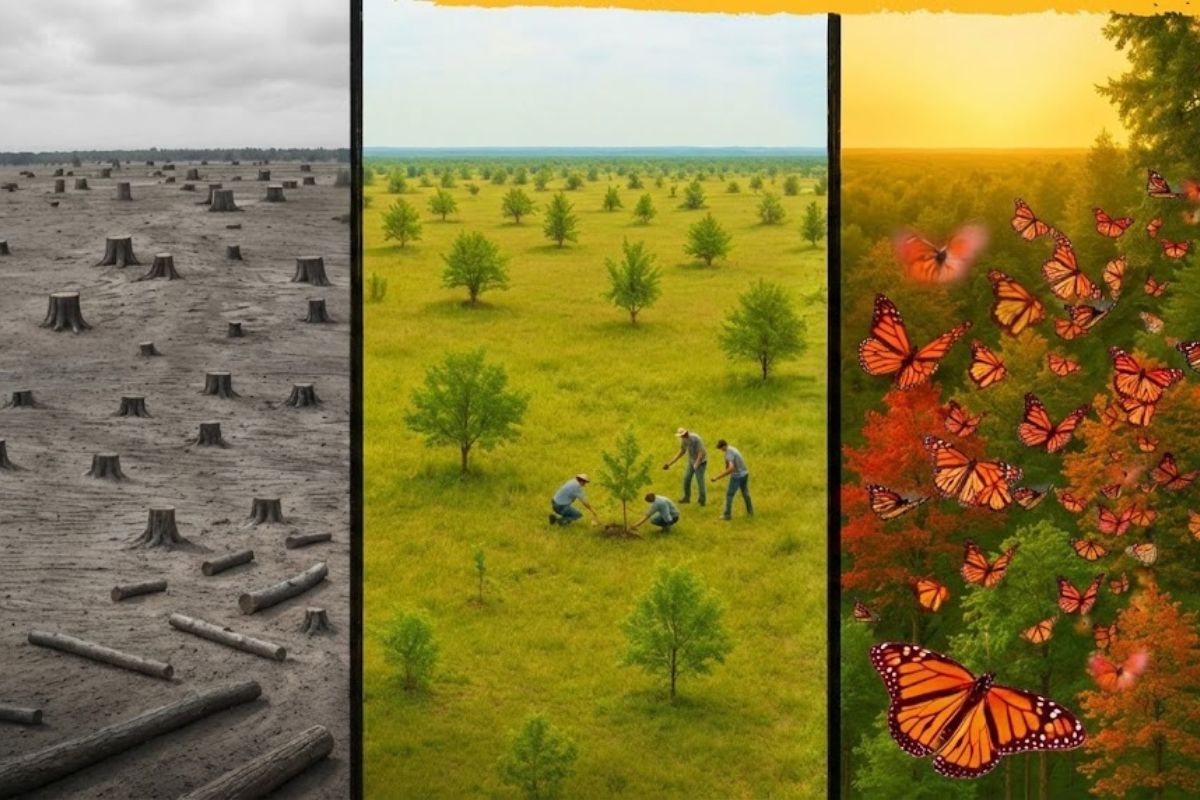 Floresta das borboletas-monarca no México enfrenta migração ameaçada por cartéis, enquanto cientistas replantam árvores para salvar o fenômeno natural.