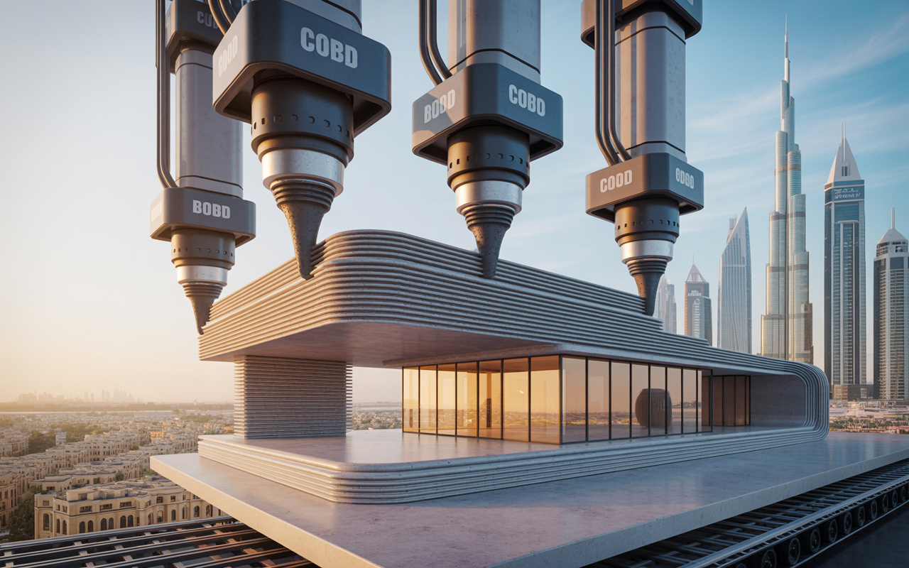 Com braços robóticos guiados por software, concreto especial e o sistema BOD2 da COBOD, países da Europa e Dubai já imprimem casas habitáveis em até 48 horas, inaugurando uma nova era de construção rápida sem formas e sem desperdício