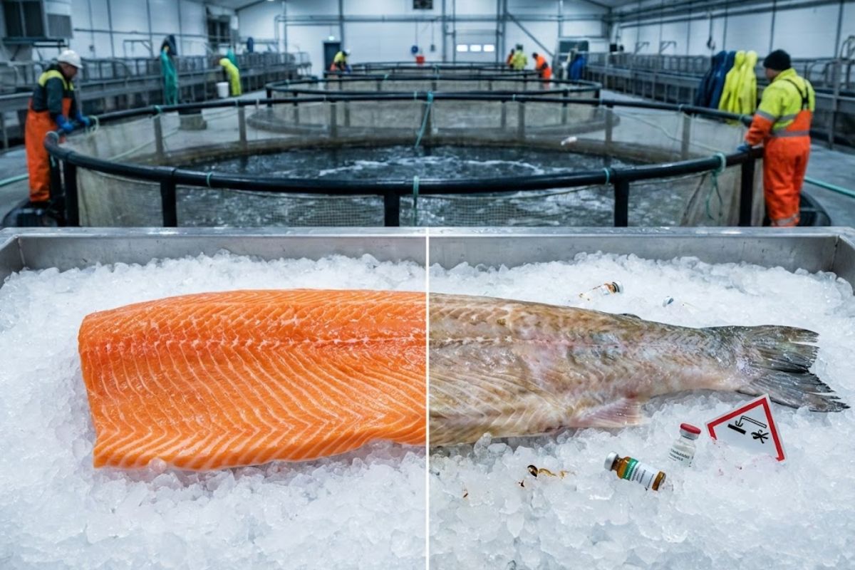 Salmão de cativeiro tem contaminantes, antibióticos e químicos nas criações do Chile e da Noruega, gerando alerta sobre saúde e impacto ambiental no Brasil.