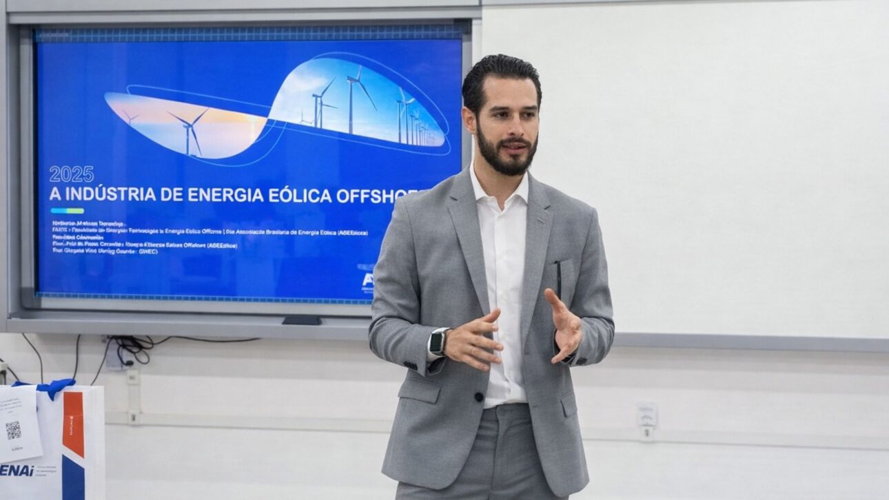 Especialista ministra aula da pós-graduação em energia eólica offshore do Senai-RN em Natal, com apresentação sobre o mercado e a indústria eólica no mar.