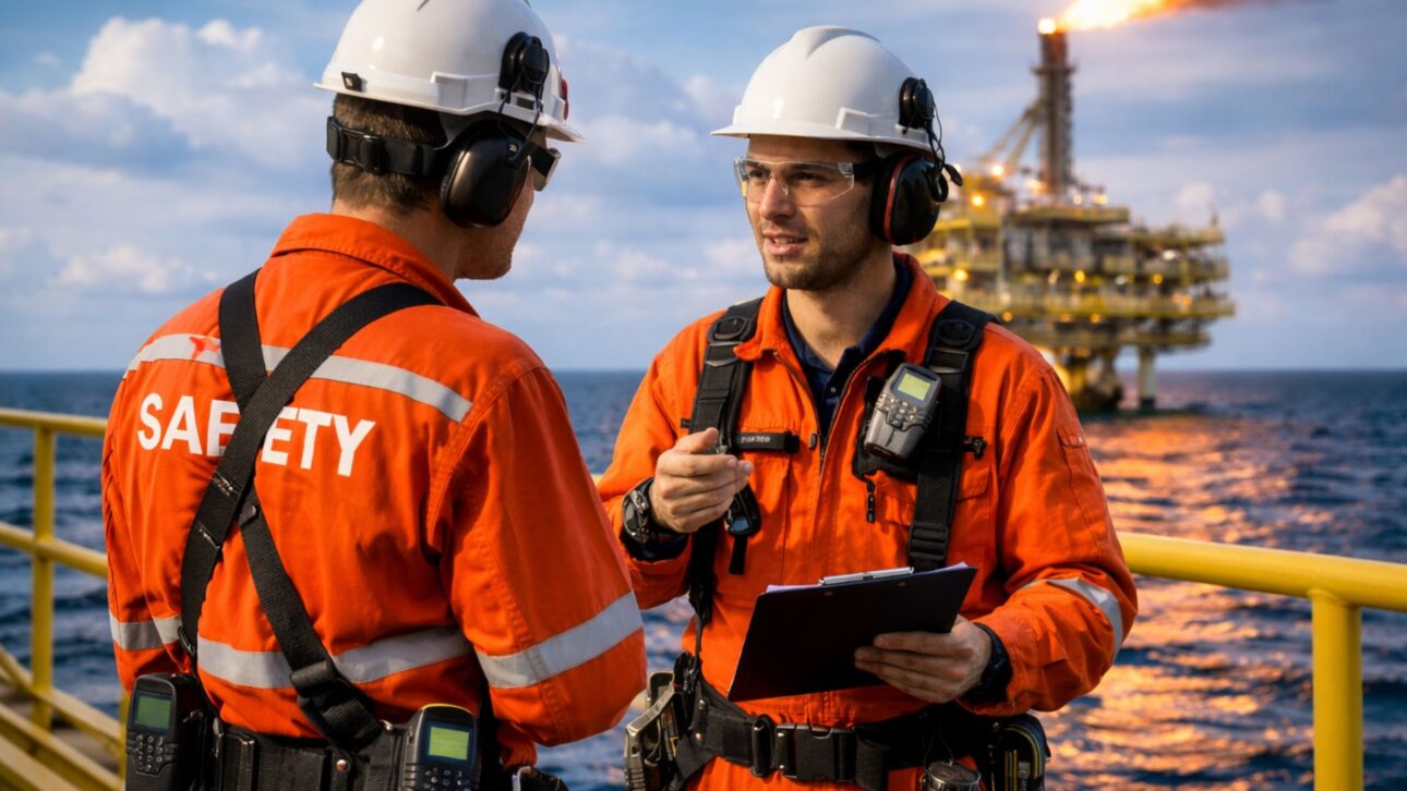 Técnicos en seguridad offshore conversan en plataforma de petróleo durante operación embarcada, con uso de equipos de protección y monitorización de riesgos.