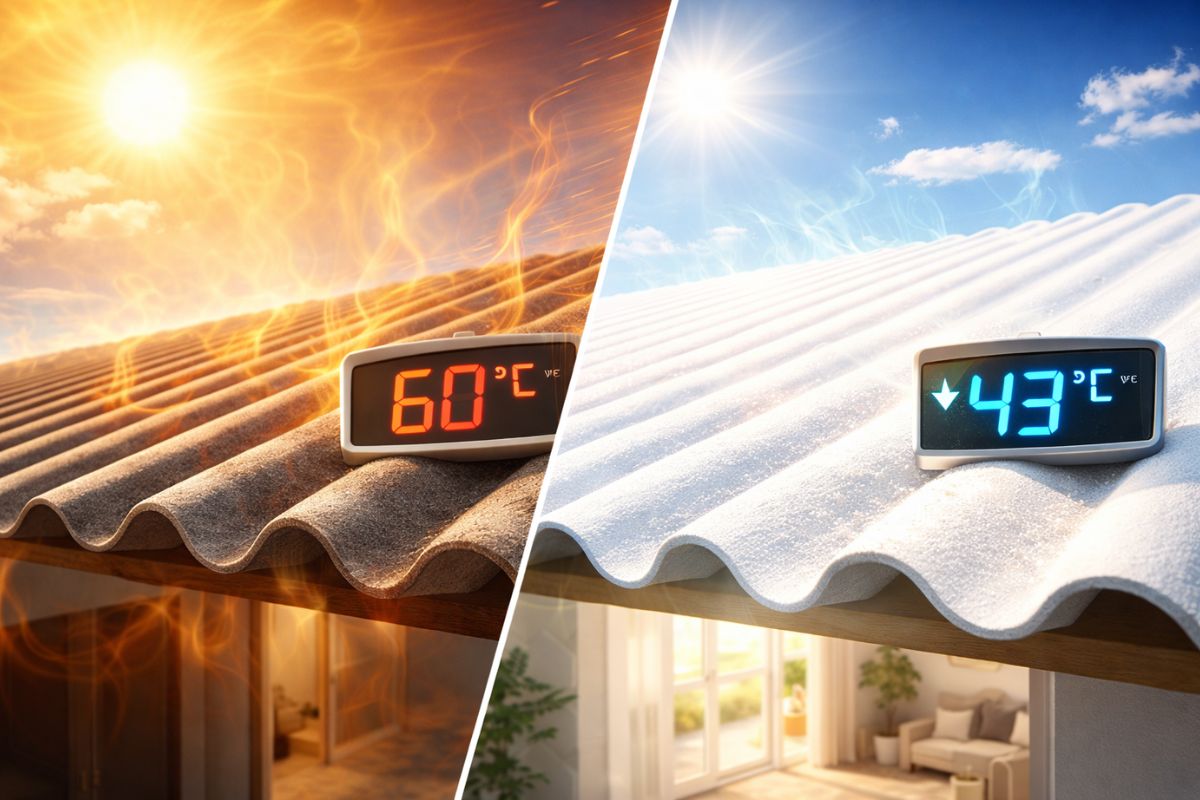 Telhado de fibrocimento chega a 60 °C, mas solução impermeabilizante branca reduz até 17 °C na telha, bloqueia infiltrações, diminui umidade e melhora de forma real