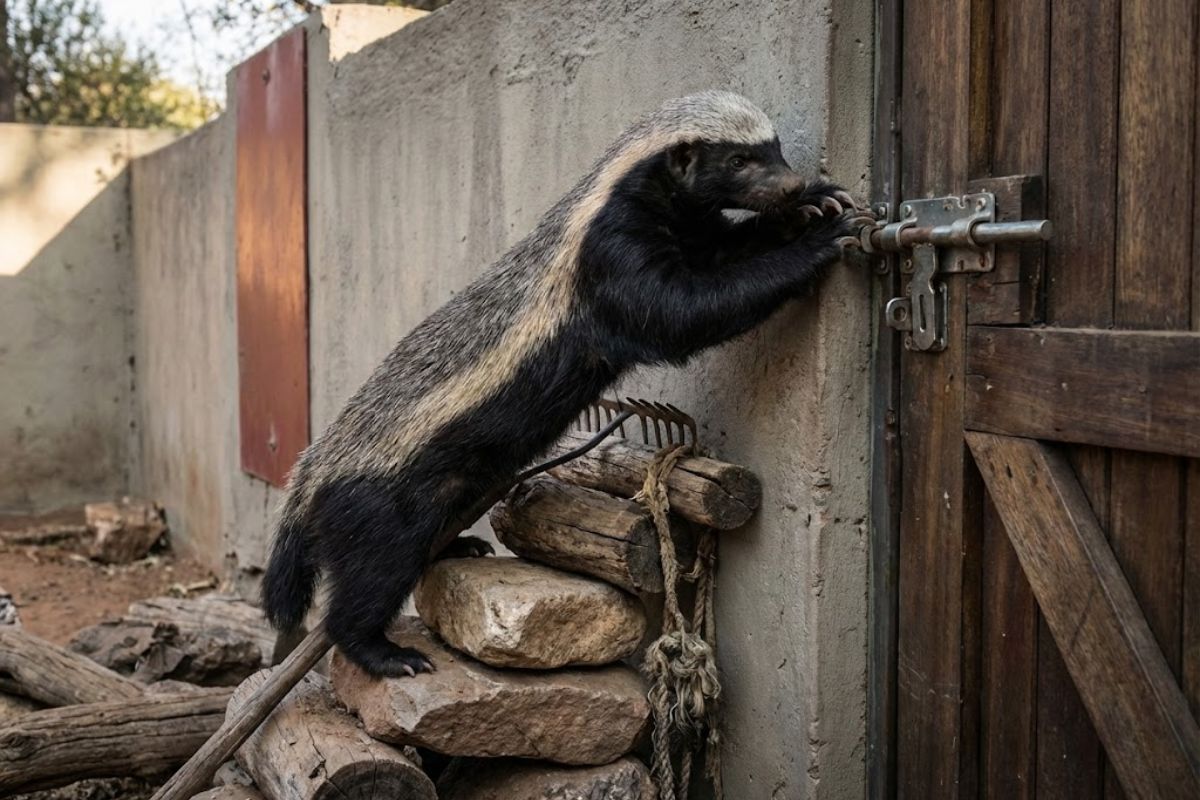 Texugo-do-mel Stoffel desafia qualquer recinto, planeja fuga após fuga, abre ferrolho, engana cuidadores e transforma cativeiro em jogo impossível.