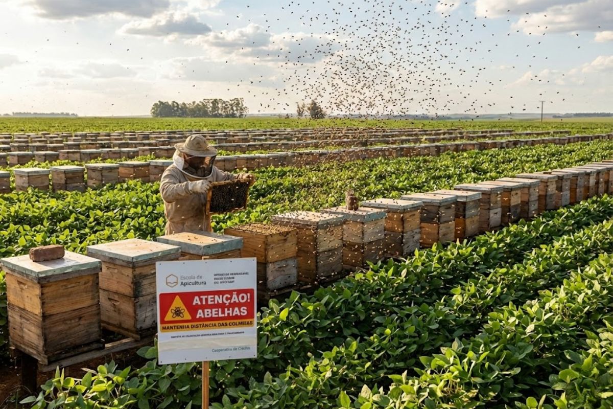 Milhões de abelhas são usadas em polinização assistida em lavoura de soja em Montividiu para elevar produtividade com ciência aplicada no campo