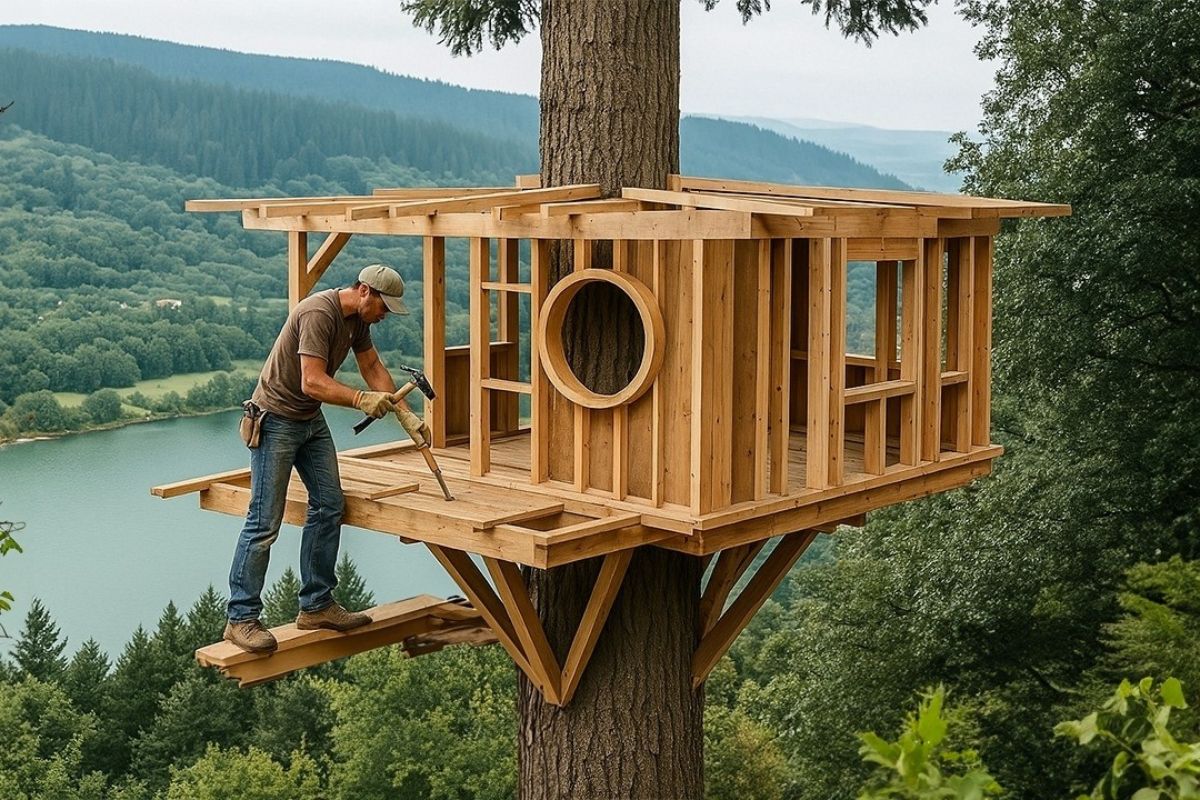 Homem constrói sozinho uma casa na árvore na floresta com madeira bruta e fogão a lenha, criando refúgio natural aquecido e totalmente funcional.