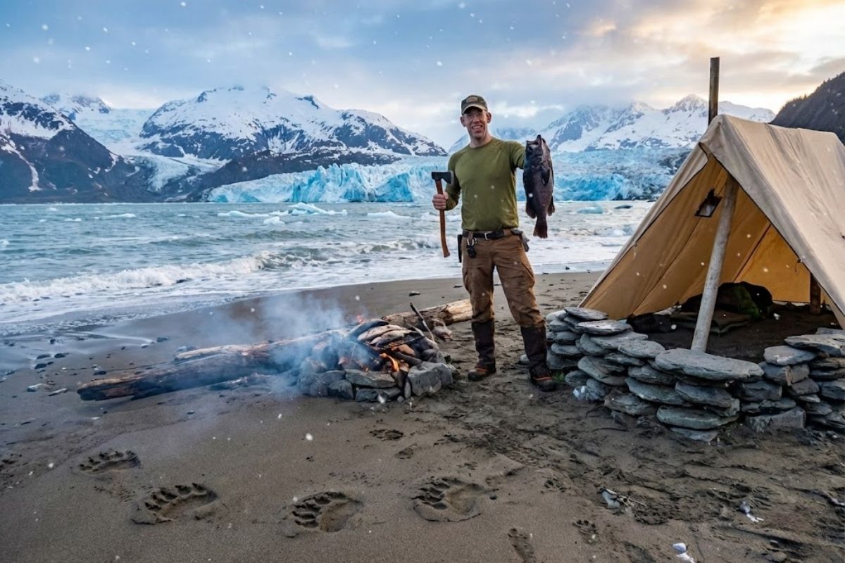 Quatro dias sozinho no Alasca mostram sobrevivência no Alasca, pesca no Alasca, acampamento no frio e abrigo de emergência em cenário extremo.