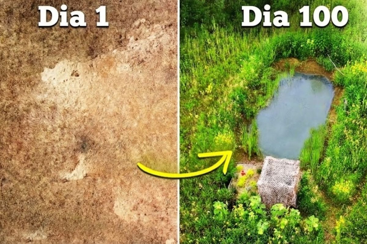 Um lago cavado para atrair vida selvagem virou ecossistema vibrante com flores nativas e abrigo de observação, mostrando como natureza e design convivem.