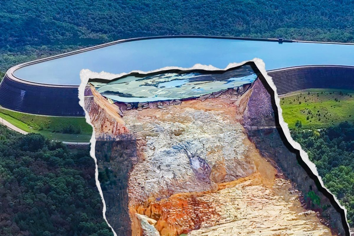 usina premiada de Taum Sauk: transbordamento em 2005 expôs sensores falhos e ausência de vertedouro, derrubou o parapeito e despejou 6 bilhões de litros, redesenhando a segurança de barragens.