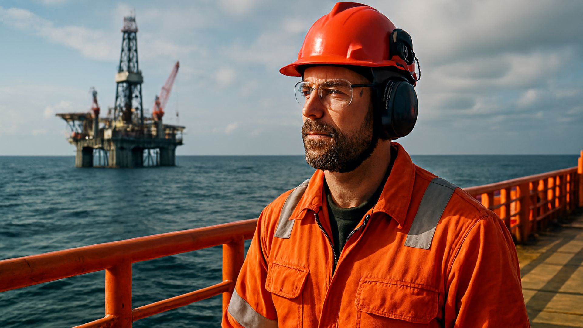 Trabalhador offshore com equipamentos de segurança em embarcação, com plataforma de petróleo ao fundo no oceano.