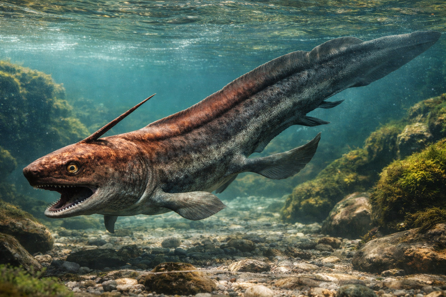 Até 5 metros de comprimento, espinho craniano venenoso e vida totalmente fluvial: o Xenacanthus foi o tubarão pré-histórico de água doce que dominou rios e lagos