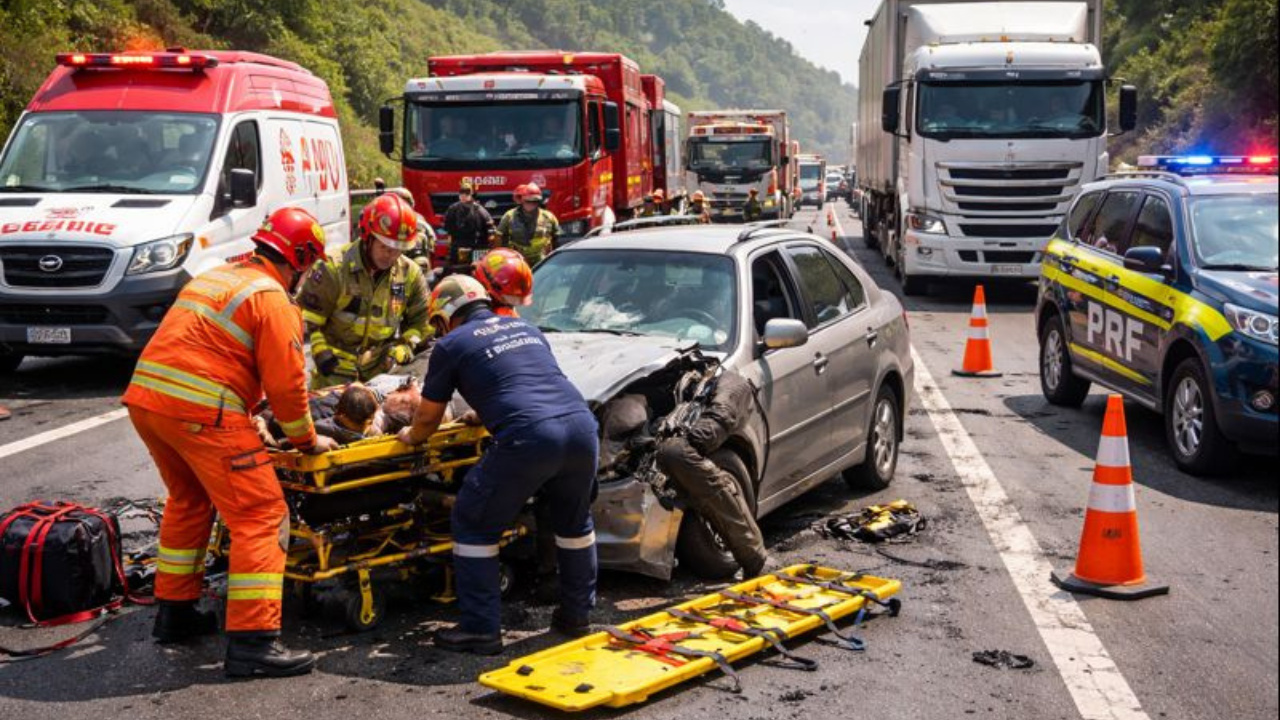 Colisão entre carro e ônibus causa morte em rodovia federal na BR-267, em Juiz de Fora MG, conforme informações da PM Rodoviária.