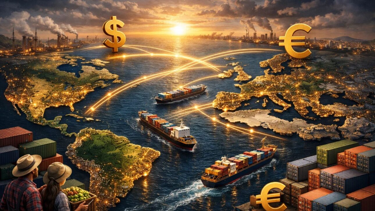 Mapa del Mercosur y de la Unión Europea conectados por rutas de comercio internacional tras un acuerdo histórico