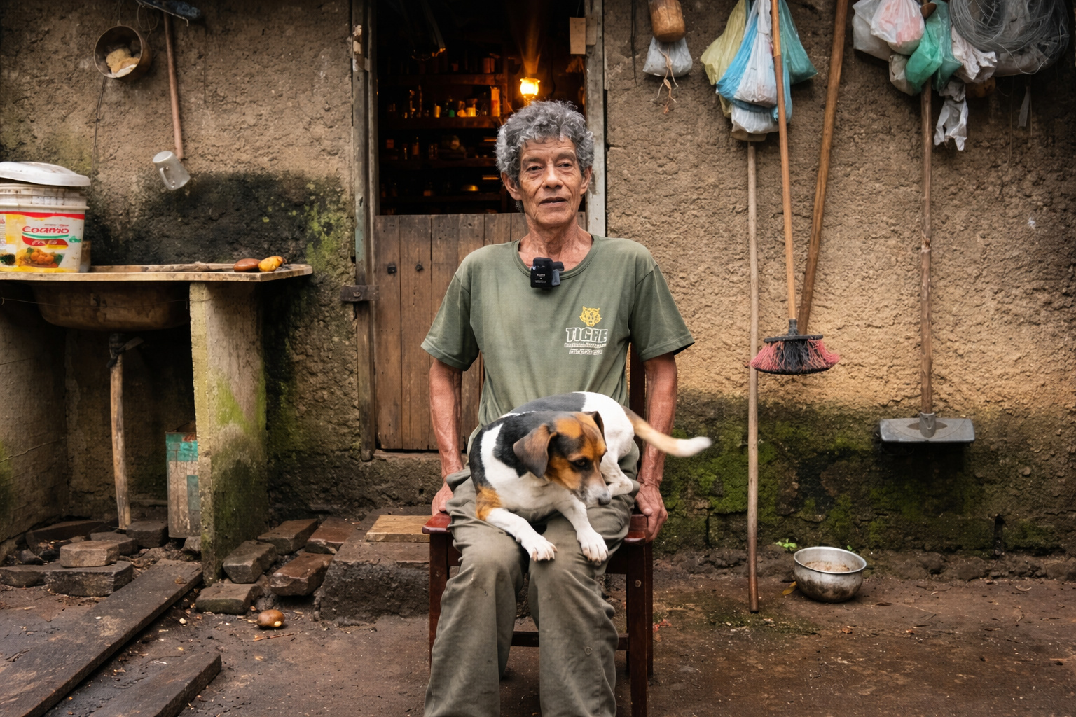 Homem do interior de São Paulo sentado em frente à casa simples, com cachorro no colo, vivendo com horta, animais e rotina rural.