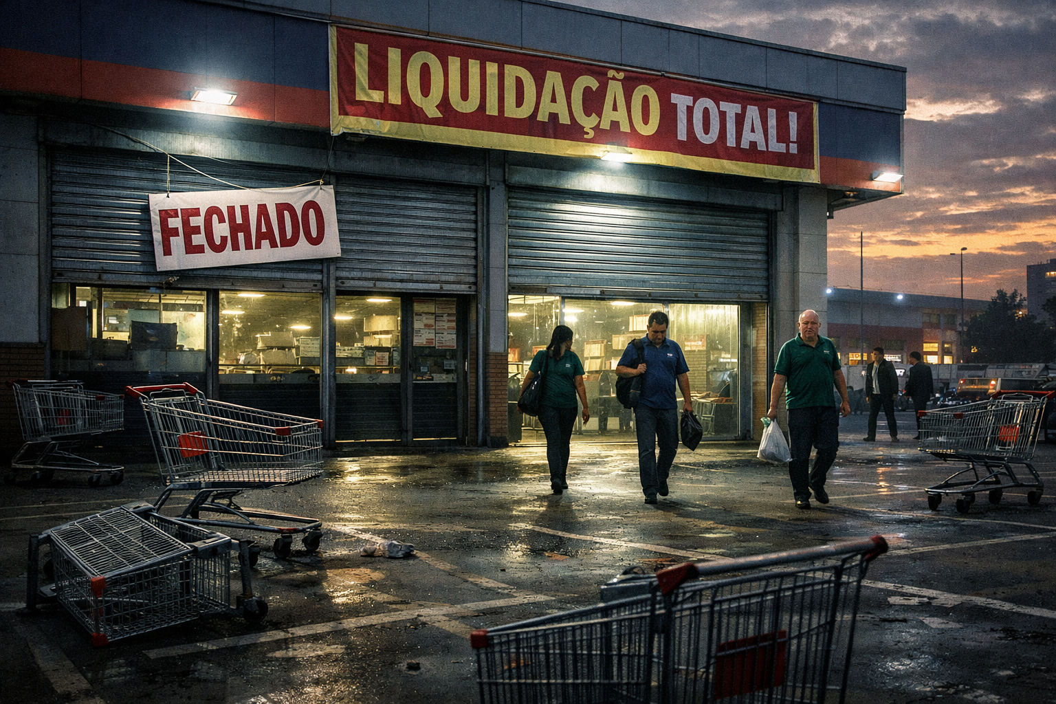 Supermercado Alcampo fechado com carrinhos abandonados simbolizando crise no varejo alimentar e avanço do comércio digital.