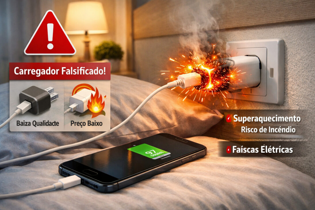 Ilustración educativa alerta sobre el peligro de cargar celular en la cama con cargador no compatible y riesgo de sobrecalentamiento.