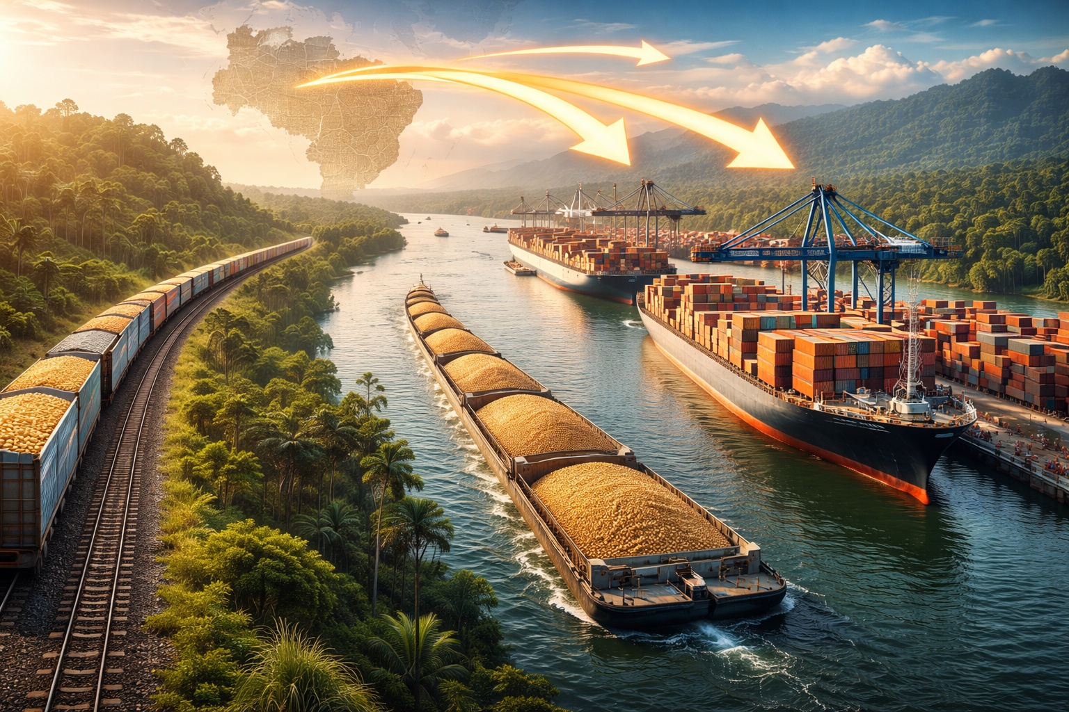 Um corredor logístico de mais de 7.000 km combinando hidrovias, ferrovias e portos está escoando milhões de toneladas de soja para a Ásia, atravessando Amazônia, Cerrado e canais industriais que não existiam há três décadas