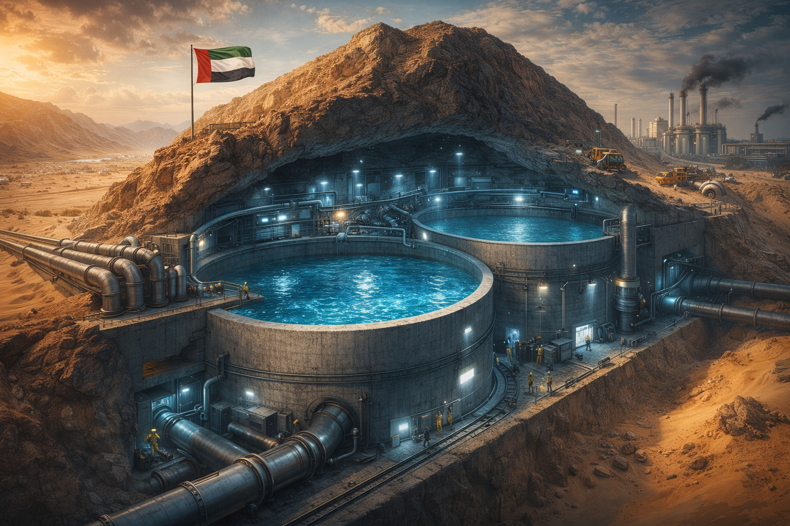 Emirados Árabes Unidos constroem a maior reserva estratégica de água dessalinizada do mundo, armazenam mais de 20 bilhões de litros no subsolo e trocam petróleo por segurança hídrica no deserto