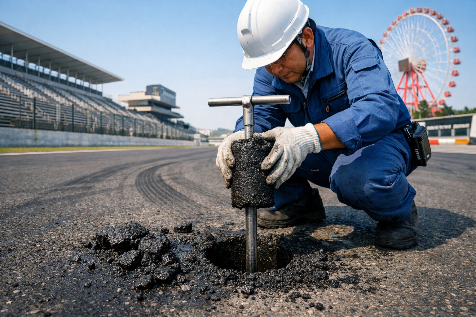 Fragmento do asfalto histórico do circuito de Suzuka, onde lendas da Fórmula 1 competiram