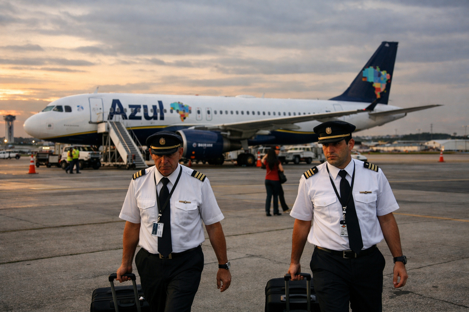 Pilotos com malas caminham em aeroporto, com avião comercial ao fundo, simbolizando pedidos de demissão na Azul no fim de 2025.